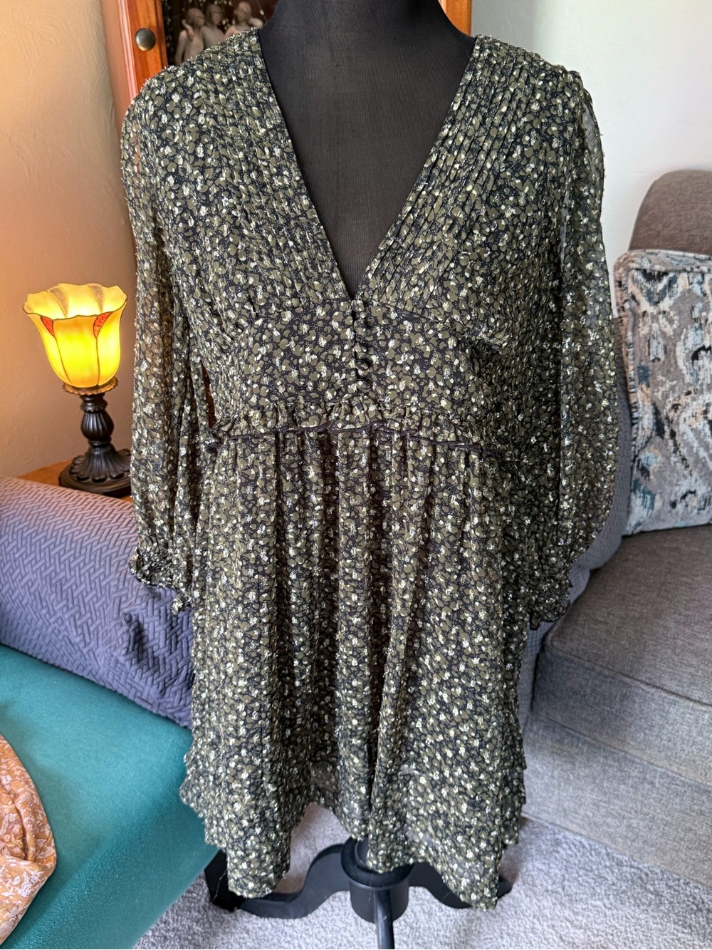 Urban Outfitters Olive Floral V-Neck Peasant Tunic